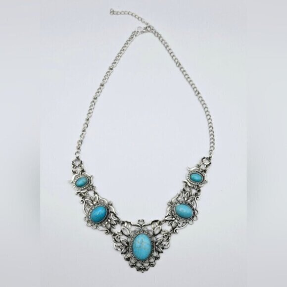 Boho Silver Filigree Faux Turquoise Statement Bib Necklace & Earring Set - Picture 4 of 10